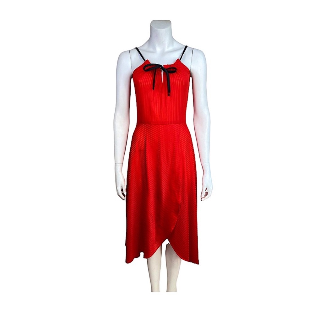 Vintage 70s Halter Midi Dress Tulip Hem Cherry Red Keyhole Neckline Tie Neck S
